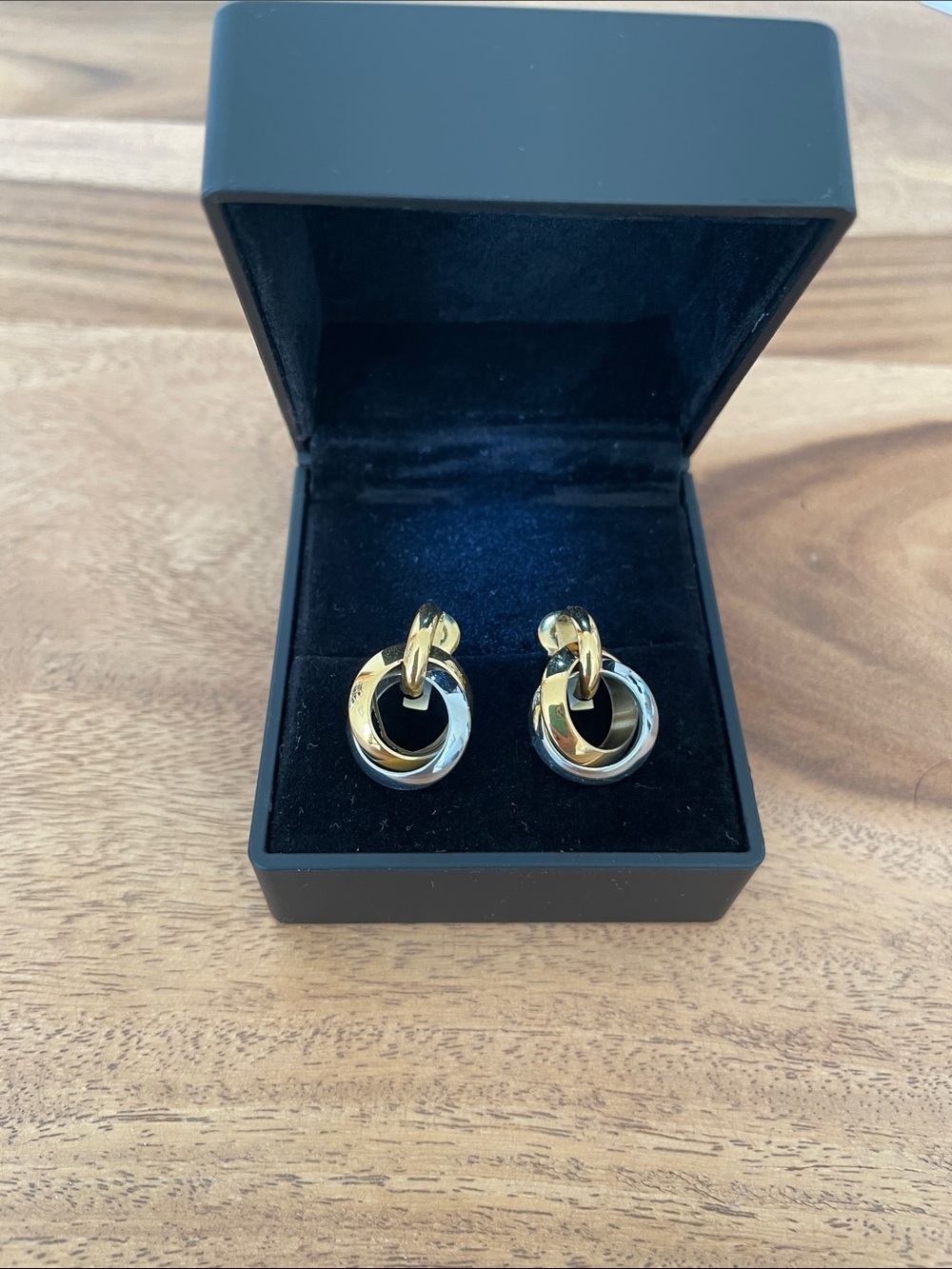 NWOT. Two-Tone Gold and Silver Hoop Drop Earrings